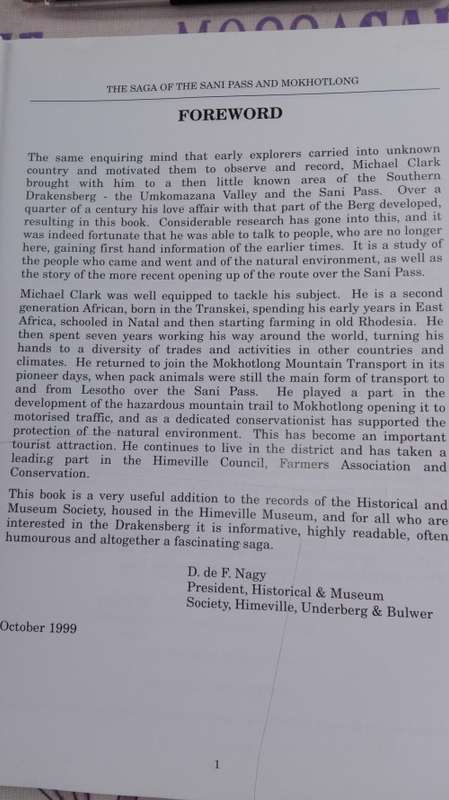 THE SAGA of the SANI PASS and MOKHOTLONG MICHAEL CLARK ( Underberg in the Drakensberg ) 1 pg Stained