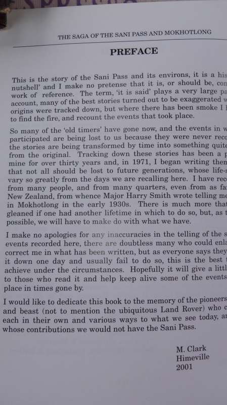 THE SAGA of the SANI PASS and MOKHOTLONG MICHAEL CLARK ( Underberg in the Drakensberg ) 1 pg Stained