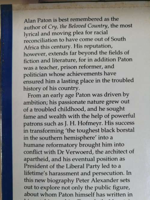 ALAN PATON A BIOGRAPHY PETER F ALEXANDER  ( author of Cry Beloved Country )