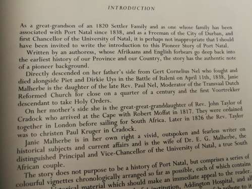 PORT NATAL A PIONEER STORY JANIE MALHERBE ( a classic on Durban history from 700 BC  to 1964 )
