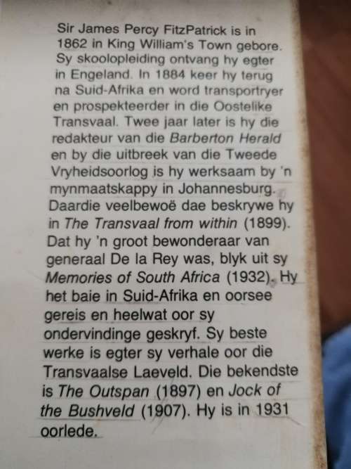 JOCK VAN DIE BOSVELD Sir Percy FitzPatrick Afr.   Hardcover  Some Damage to the Dust Jacket