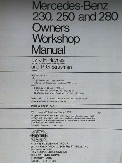 HAYNES MERCEDES-BENZ 250 & 280 1968  to 1972  OWNERS WORKSHOP MANUAL
