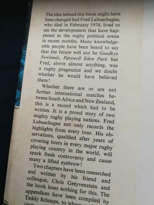 GOODBYE NEWLANDS FAREWELL EDEN PARK FRED LABUSCHAGNE ( S A vs New Zealand Rugby 1921 - 1970  )
