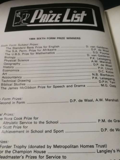 MARITZBURG COLLEGE MAGAZINE  No 119 April 1985 Editor P M W TENNANT (  Pietermaritzburg School )