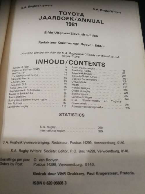 S A RUGBY WRITERS Toyota JAARBOEK 1981 Annual QUINTUS van ROOYEN