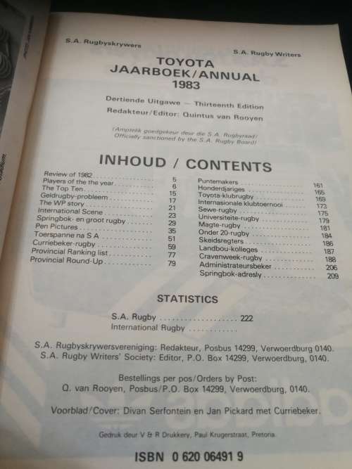 S A RUGBY WRITERS Toyota JAARBOEK 1983 Annual QUINTUS van ROOYEN