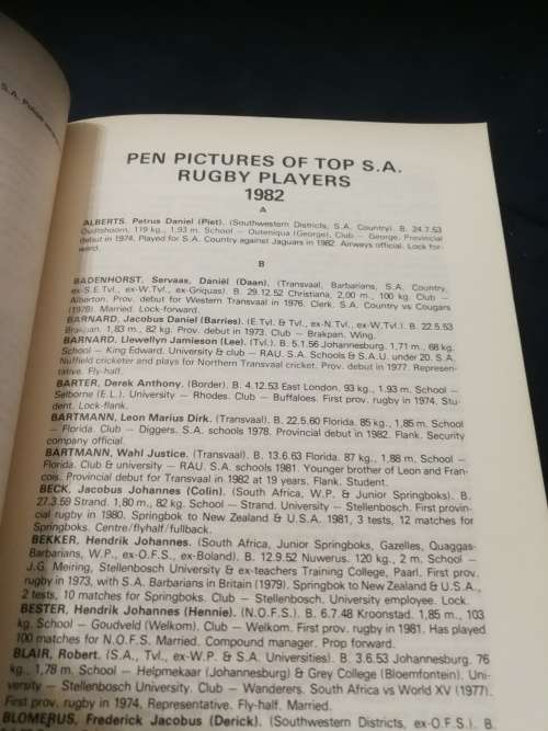 S A RUGBY WRITERS Toyota JAARBOEK 1983 Annual QUINTUS van ROOYEN