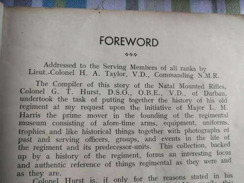 HISTORY OF THE NATAL MOUNTED RIFLES COLONEL GODFREY THOS HURST 1935 ( Softcover )