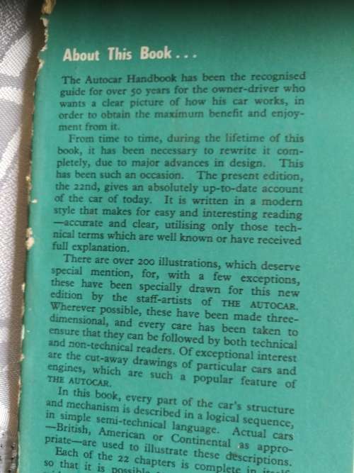 AUTOCAR HANDBOOK Complete Guide to the Modern Car Twenty Second Edition 1960