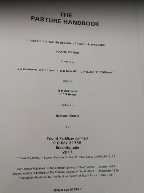 THE PASTURE HANDBOOK Inc certain aspects of livestock production E B DICKINSON etc grasses farming