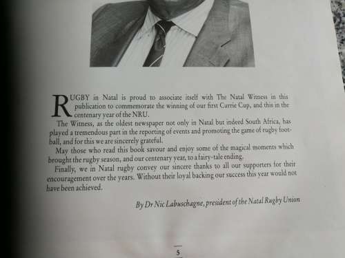 SIGNED by JOHN BISHOP & 2 OTHERS Road to Glory Pictorial Record of NATAL `s Currie Cup Triumph Rugby