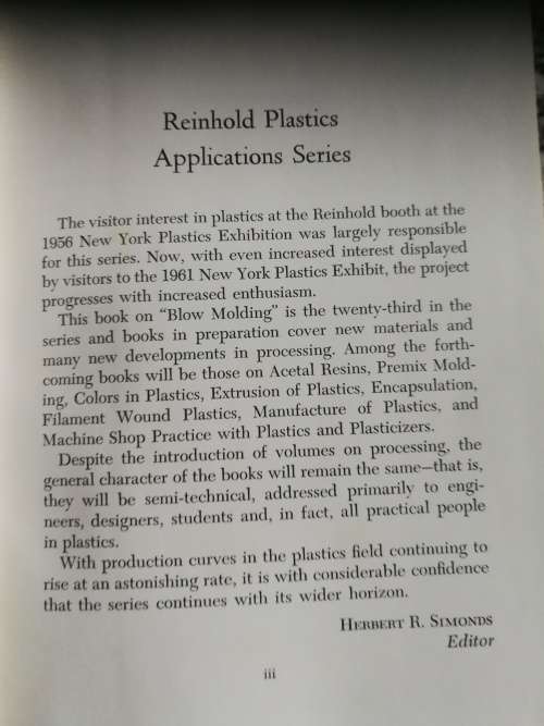 BLOW MOLDING JONES / MULLEN Reinhold Plastics Application Series 1961