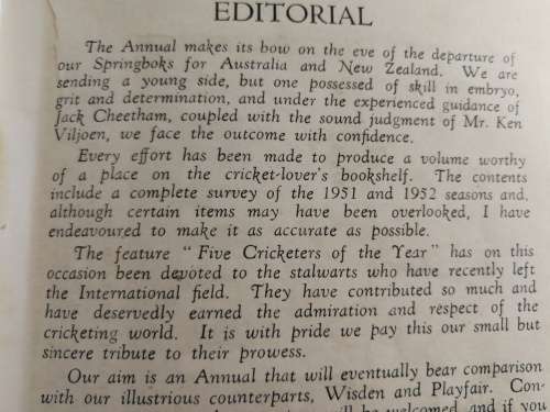 SOUTH AFRICAN CRICKET ANNUAL 1951 / 1952 SIGNED BY GEOFFREY A CHETTLE