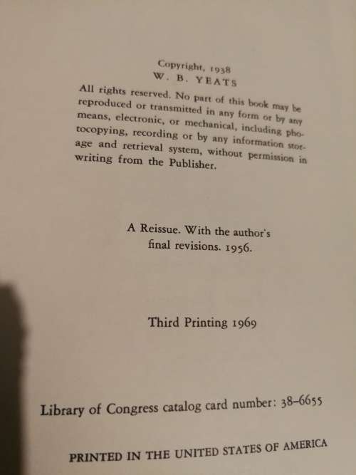 A VISION by W B YEATS A Reissue with the Author`s Final Revisions Third Printing 1969