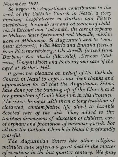 AUGUSTINIAN SISTERS of the MERCY of JESUS NATAL 1891 - 1991 Rev. D E HURLEY