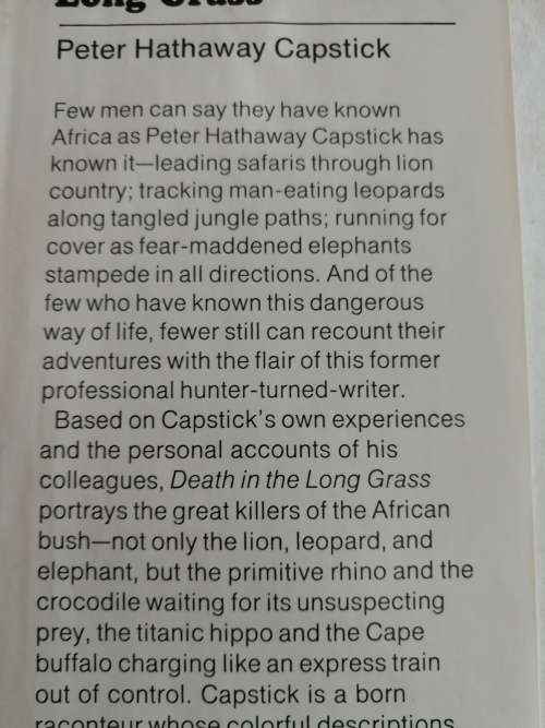 DEATH IN THE LONG GRASS PETER HATHAWAY CAPSTICK A big game hunter`s adventures in the African bush