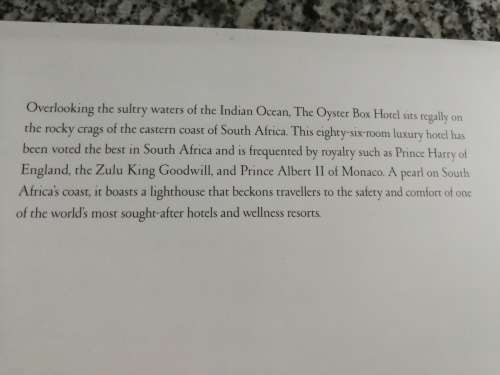 THE OYSTER BOX HOTEL A LOVE STORY Text JANE BROUGHTON  Signed by Wayne Coetzer General Manager
