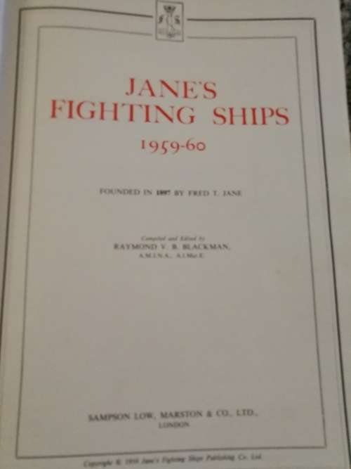 JANE`S FIGHTING SHIPS 1959 - 60 compiled by RAYMOND B BLACKMA Standard ref of world`s navies navy