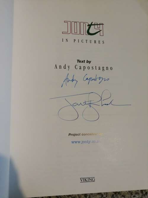 JONTY IN PICTURES  ANDY CAPOSTAGNO ( Signed by both Jonty Rhodes and Andy Capostagno ) cricket
