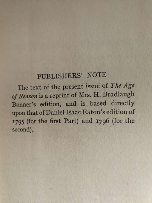 THE AGE OF REASON by THOMAS PAINE The Thinker`s Man Library No. 69 1938