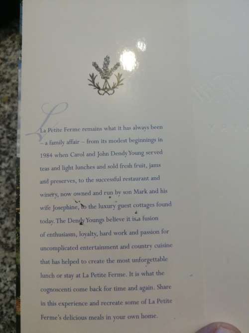 LA PETITE FERME COUNTRY CUISINE Recipe book SIGNED by CAROL and DENDY YOUNG Franschhoek Restaurant