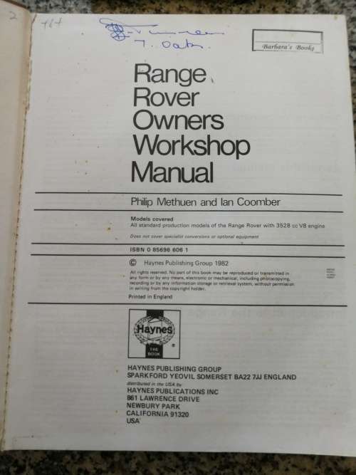 RANGE ROVER OWNERS WORKSHOP MANUAL  1970 TO 1980 HAYNES No. 606