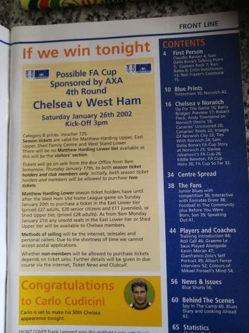 CHELSEA OFFICIAL MATCHDAY MAGAZINE NORWICH CITY FA CUP Wed. 16 Jan 2002  Soccer