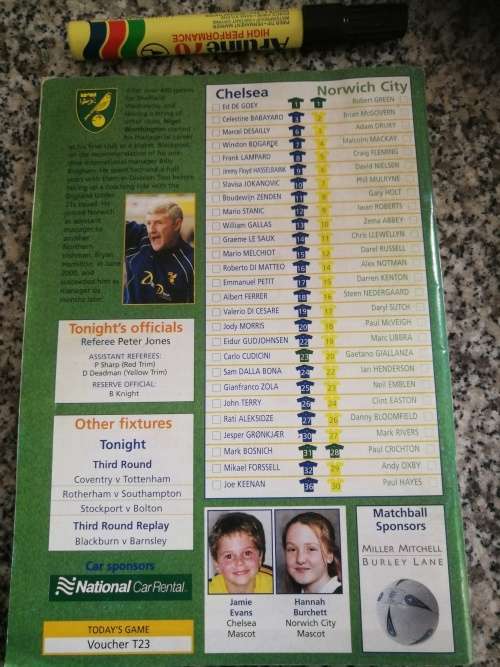 CHELSEA OFFICIAL MATCHDAY MAGAZINE NORWICH CITY FA CUP Wed. 16 Jan 2002  Soccer