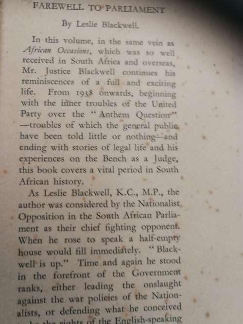 LESLIE BLACKWELL FAREWELL TO PARLIMENT 1st Ed. 1946 autobiography judge law bar Supreme Court  )