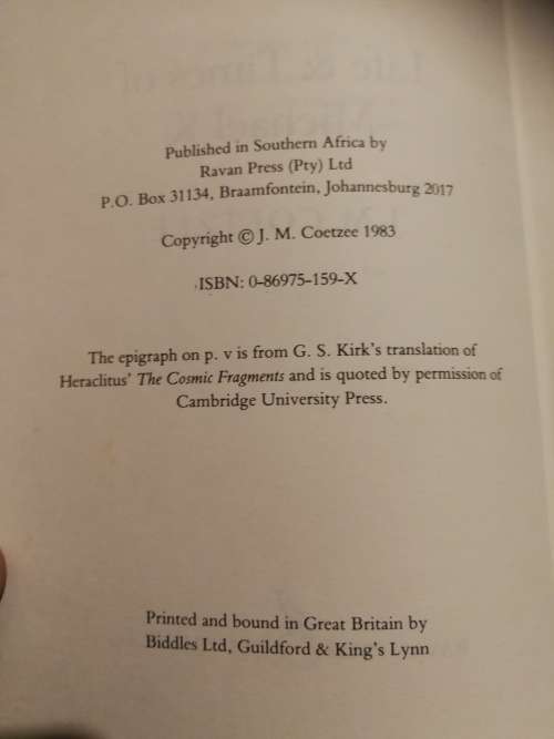 LIFE & TIMES OF MICHAEL K J M COETZEE Hardcover 1983