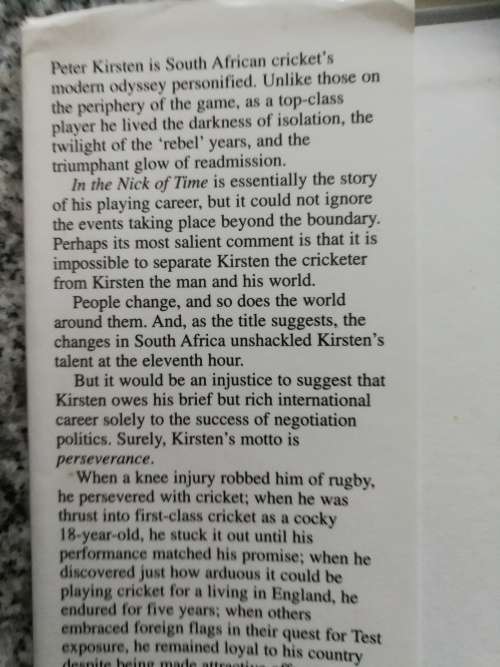 IN THE NICK OF TIME PETER KIRSTEN`s Life in Cricket by TELFORD VICE
