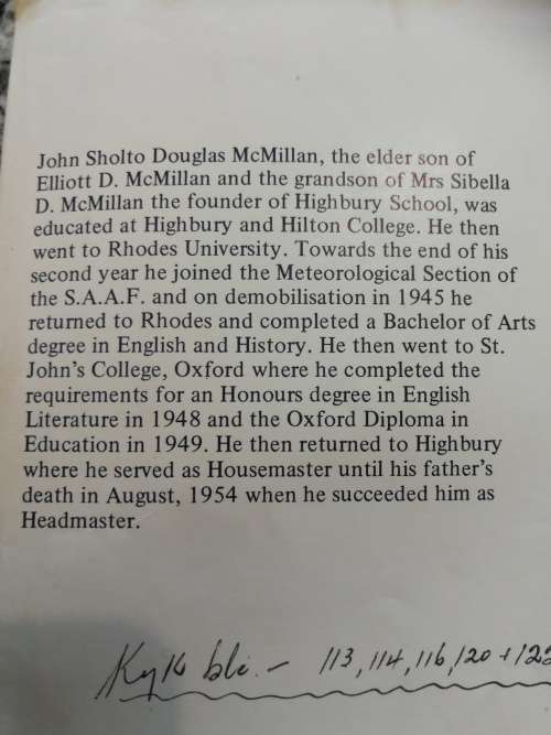 HIGHBURY J S D McMILLAN  ( School Hillcrest KZN  incl List of names of DUX  etc  )