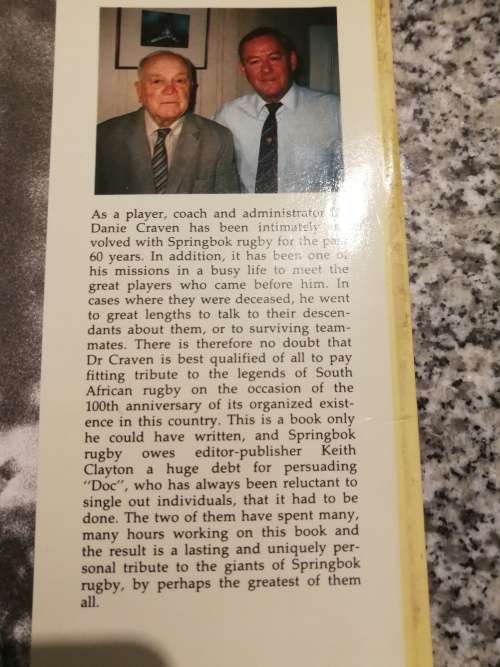 DOC CRAVAN`S TRIBUTE THE LEGENDS OF SPRINGBOK RUGBY 1889 - 1989 Editor K CLAYTON