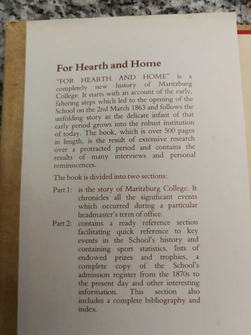 FOR HEARTH AND HOME The Story of Maritzburg College 1863-1988  FIRST EDITION hardcover version
