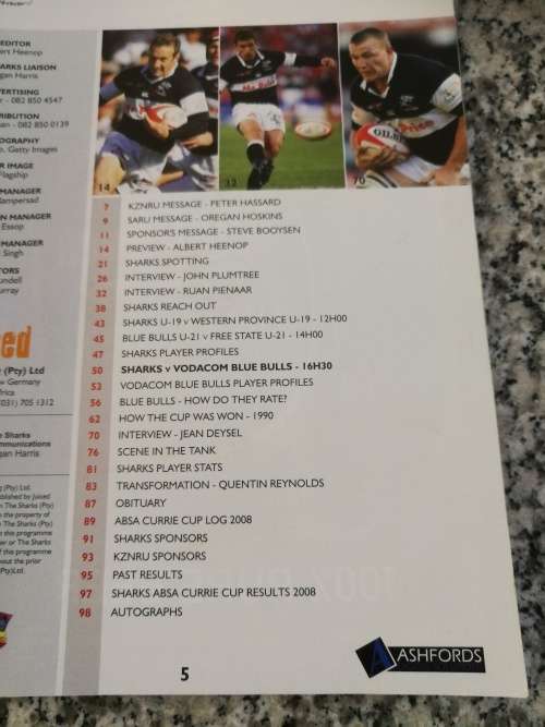SHARKS Official Programme 25 October 2008 MISSION TOP GUNS Final Assault Operation BLUE BULLS rugby
