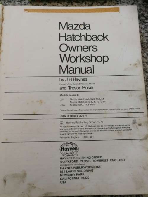 HAYNES MAZDA HATCHBACK 323  1977  to 1978  All Models 1000cc  1300cc OWNERS WORKSHOP MANUAL