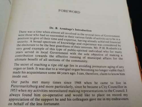 MISSION STATION TO MAYORS PARLOUR AUTOBIOGRAPHY PETER H RODSETH  Pietermaritzburg history circa 1950