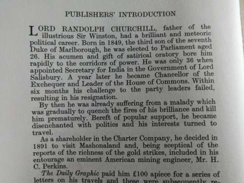 MEN MINES & ANIMALS LORD RANDOLPH CHURCHILL Rhodesian Reprint Library volume 7 1975
