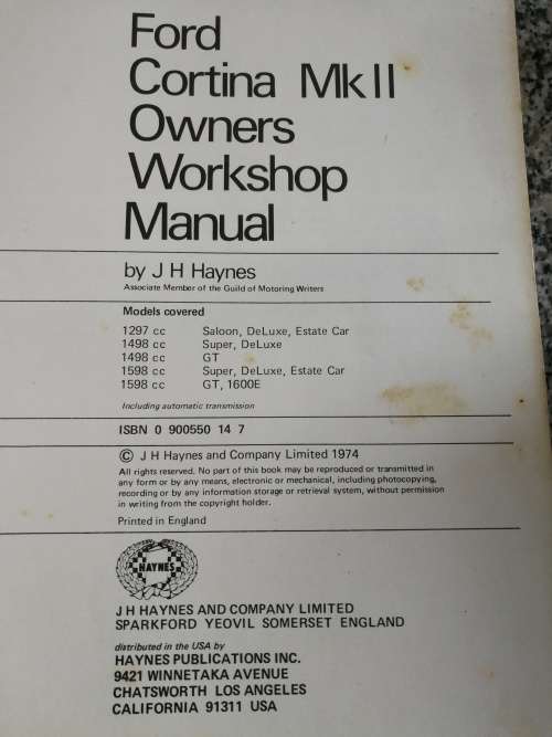 HAYNES FORD CORTINA Mk II 1966 TO 1970 OWNER`S WORKSHOP MANUAL J H HAYNES ( Mk 2 )