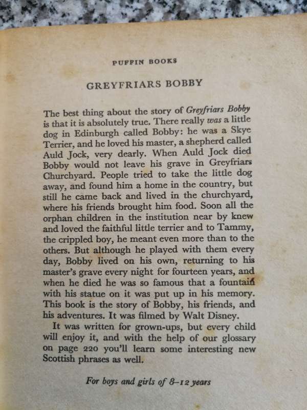 GREYFRIARS BOBBY ELEANOR ATKINSON  Puffin Books  Reprint 1980 classic story of a dog