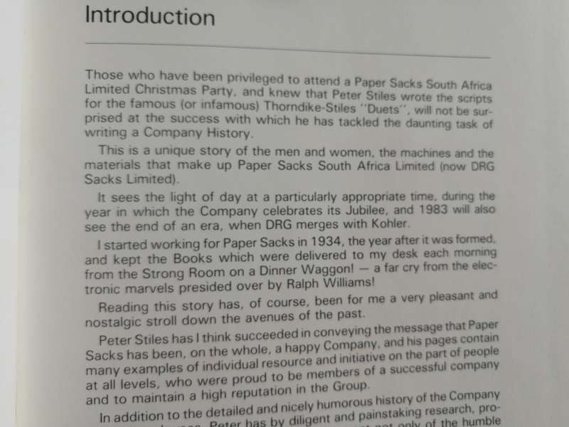 SACKS FOR AFRICA Now Known as DRG SACKS LTD Durban 1933- 1983 PETER J STILES SIGNED