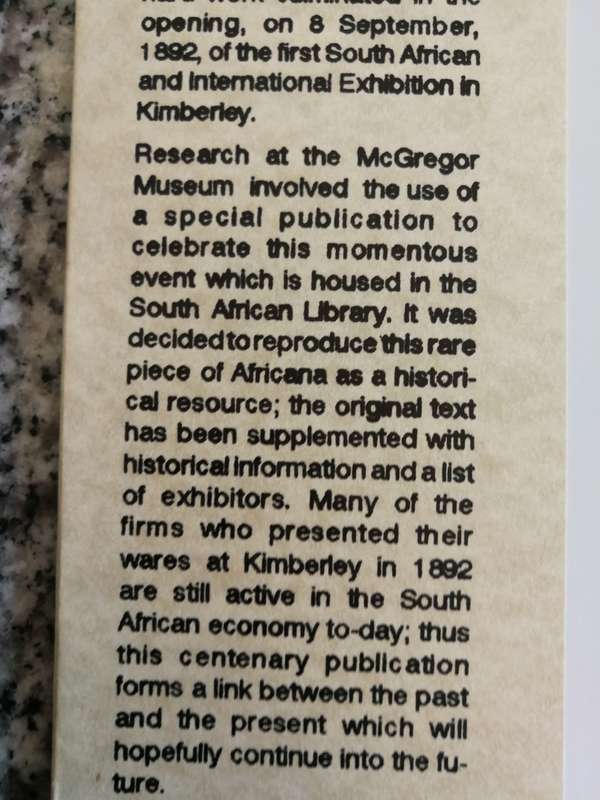 THE 1892 SOUTH AFRICAN & INTERNATIONAL EXHIBITION KIMBERLEY 1992