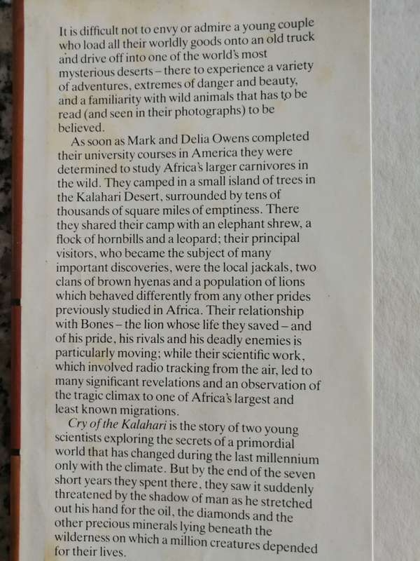 CRY OF THE KALAHARI MARK and DELIA OWENS ( wildlife  conservation in the desert environment )