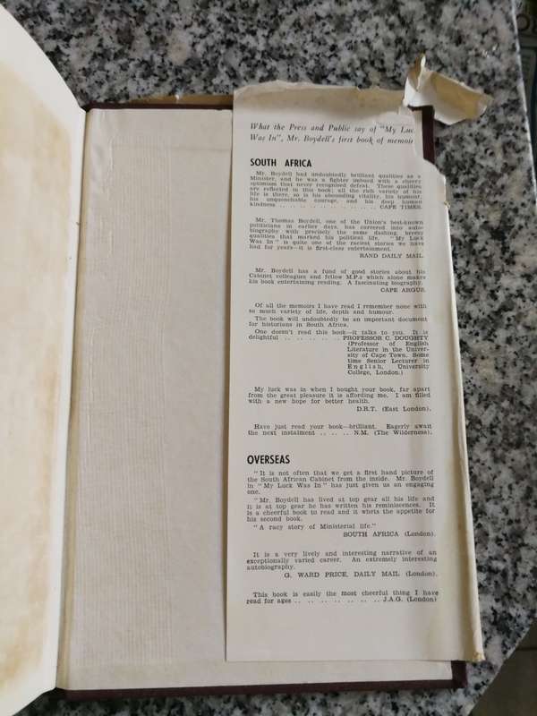 SIGNED The Hon. THOMAS BOYDELL MY LUCK`S STILL IN 2nd Book of Memoirs with more on GENERAL SMUTS