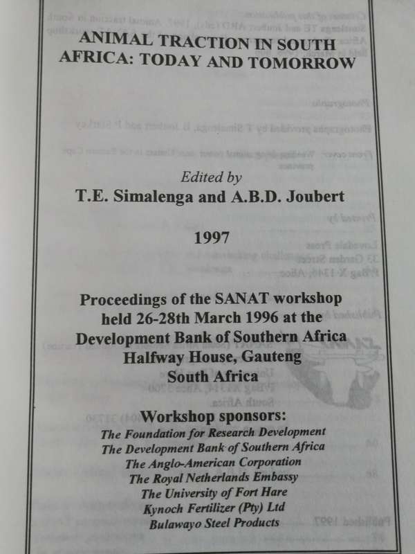 ANIMAL TRACTION IN SOUTH AFRICA Proceedings SANAT  workshop March 1996 SIMALENGA ( carts )