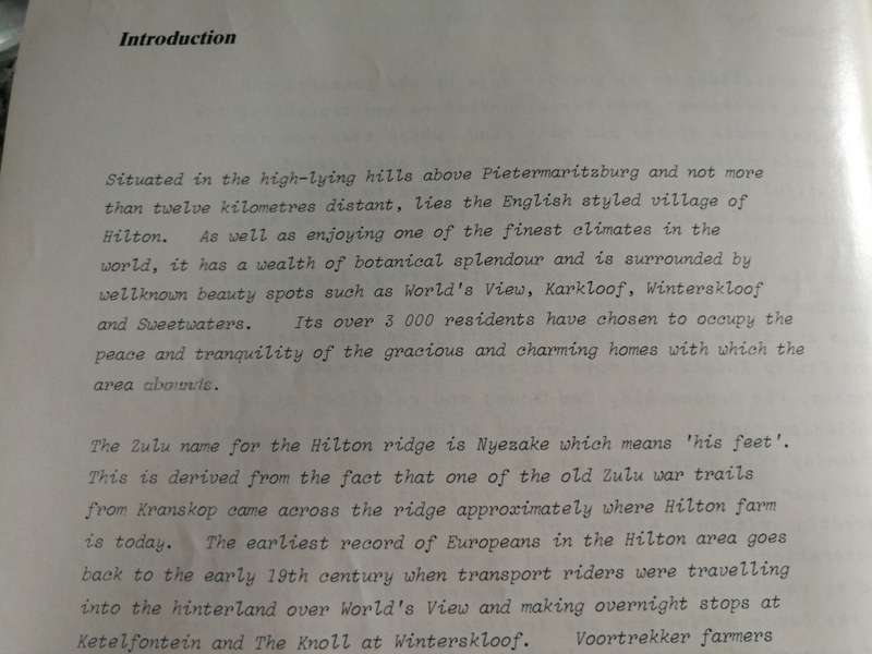 THE STORY OF HILTON ROAD VILLAGE J HOEPFI C LAKE M LAKE near Pietermaritzburg KZN Midlands history )
