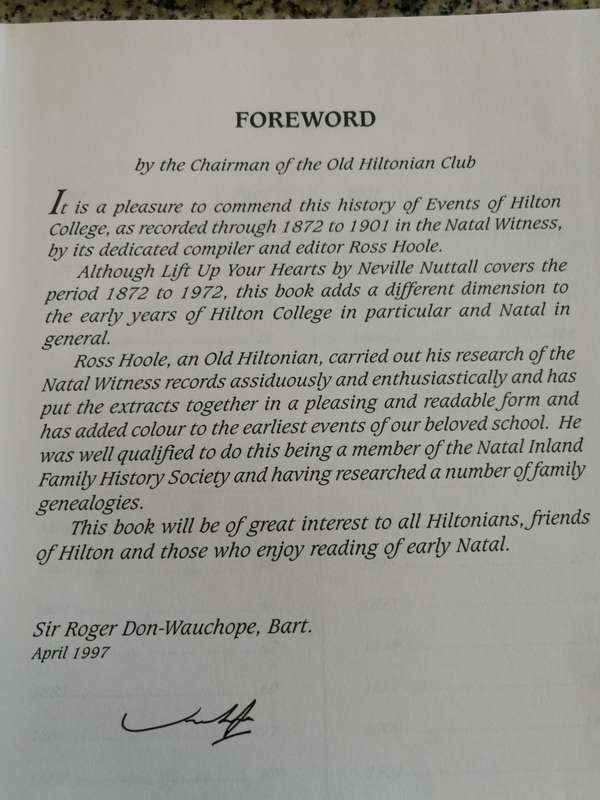 HILTON COLLEGE 1872-1901 Events Recorded Through the Years in the NATAL WITNESS ROSS J HOOLE