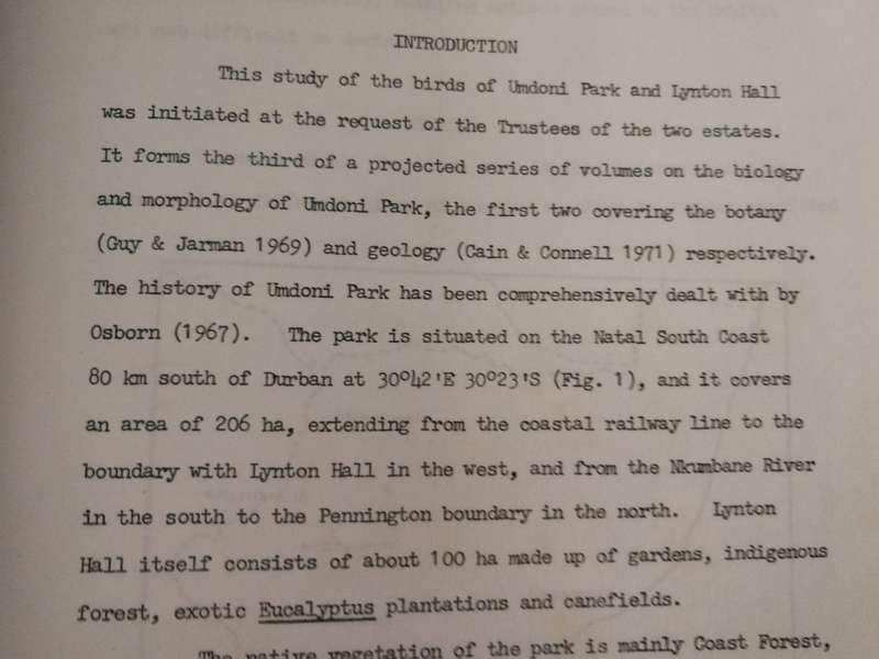 A SURVEY OF THE BIRDS OF UMDONI PARK  and LYNTON HALL  Natal South Coast  GORDON L MACLEAN