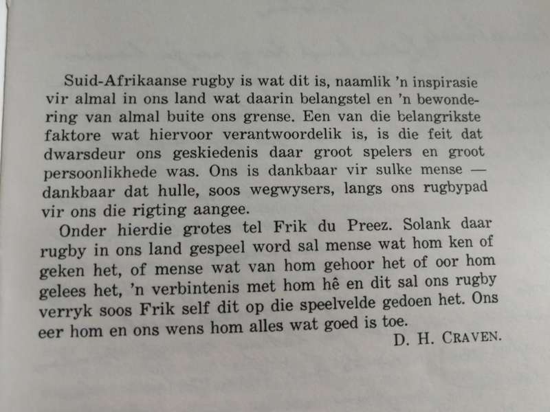 FRIK DU PREEZ RUGBYREUS  LEON GOUWS Eerste Druk 1971  Rugby Afrikaans