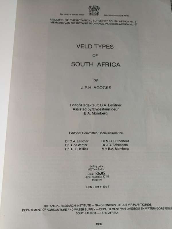 2 Books VELD TYPES OF SOUTH AFRICA J P H ACOCKS SECOND EDITION  1975 PLUS THIRD EDITION 1988